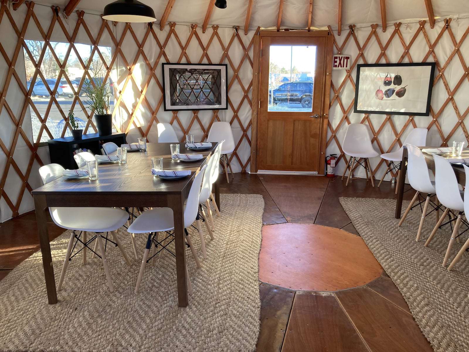Contemporary dining setup inside a handcrafted Colorado Yurt